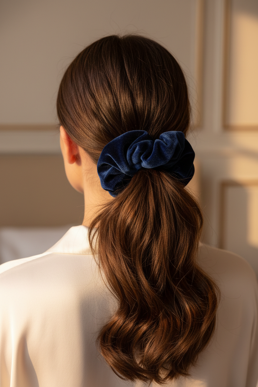Navy Blue Velvet Scrunchie on ponytail lifestyle photo